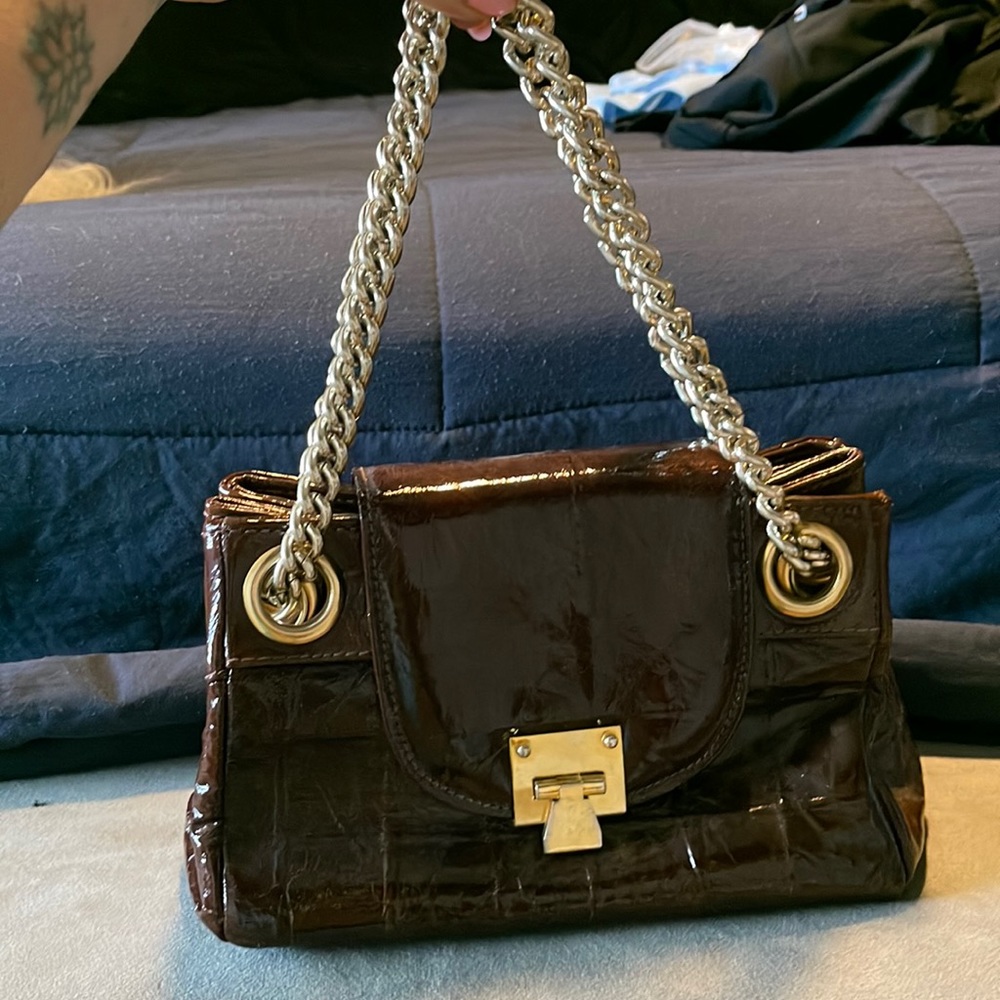 Dark mahogany brown with gold hardware purse Made in Italy